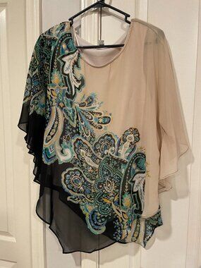 Dana Buchman Beige and Black Paisley Chiffon Overlay Blouse